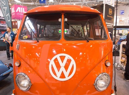 A Volkswagen bus with the typical split windscreen. Techno Classica is the trade fair for vintage,