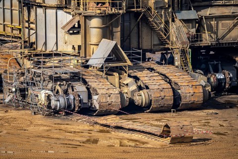 Garzweiler opencast lignite mine, bucket wheel excavator undergoing maintenance and repair, near