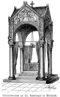 Altar altar in Sant Ambrogio in Milan, canopy, superstructure over altar, four corner columns,