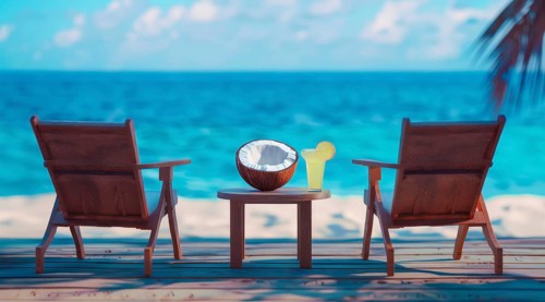 Beach scene with coconut, chairs and cocktail. Summer vacation and ocean in the background, AI