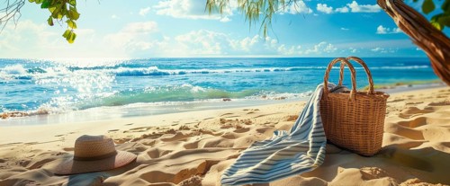 Beach scene with a straw hat, beach bag. Summer vacation, palm trees and ocean in the background,