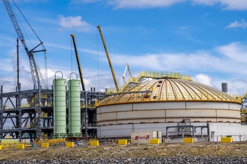 New building, construction site, of a bio-refinery of the Finnish oil company Neste, here, among