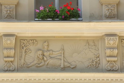 Relief sculpture Fortitudo, allegory of valour, courage, strength, power, inscription, allegorical,