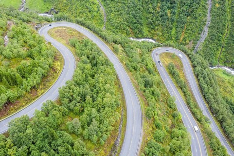Hairpin curves in valley Hjelledalen east of Stryn, Norway, Europe