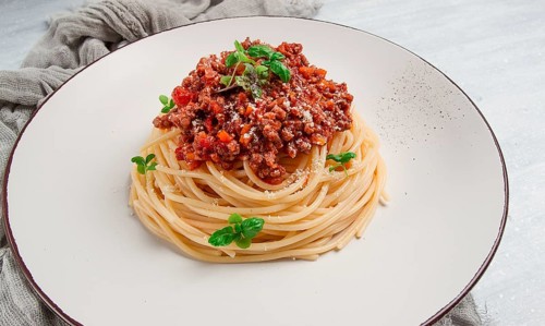 Spaghetti Bolognese, top view, close-up, no people, homemade