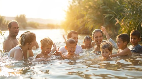 People being baptized in Jordan River in Israel in Baptist ceremony, AI generated