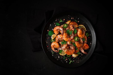 Fried shrimp, headless, with spices, grilled, homemade, no people