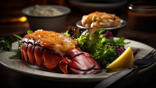 Fresh lobster tail in melting butter with sauteed vegetables dish, generative AI, AI generated