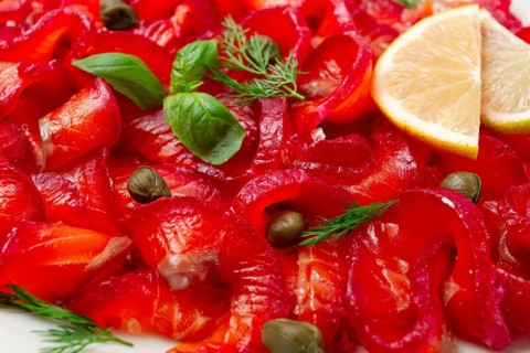 Salmon gravlax with beetroot, Scandinavian snack, beet gravlax, lightly salted fish, homemade, no