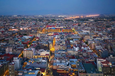 Mexico City aerial view over central business district and historic city center Zocalo