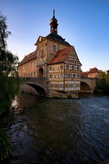 Upper Bridge, Old Town Hall, Regnitz, historic old town, blue hour, evening mood, Bamberg, Upper