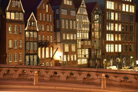 Europe, Germany, Hamburg, City, Nikolaifleet, Night, Fleetside, Backside of the historic
