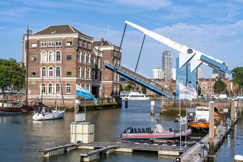 Historic Poortgebouw, with drawbridge, Rotterdam Marina, pleasure craft harbour, sailing boats,