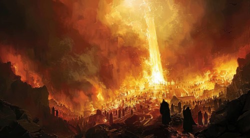 A fiery, dark scene of hell and eternal burning fire that punishes suffering sinners, AI generated