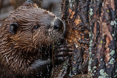 Close up of Beaver gnawing on tree. Generative ai, AI generated
