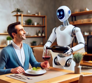 A humanoid robot serves wine to a man, symbolic image staff shortage, service, hospitality