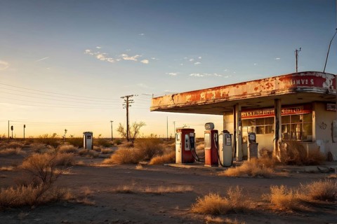 Abandoned retro gas station in the middle of a desert at sundown, with rusted gas pumps and an old