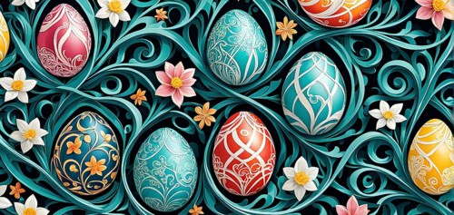 A whimsical abstract pattern with intertwined ribbons, eggs, and floral motifs, with a mix of sharp