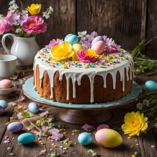 Decorated Easter cake with intricate icing flowers and colorful sprinkles, placed on a rustic