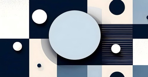 Minimalist composition of overlapping geometric shapes, such as circles, squares, and triangles,
