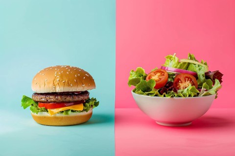 Comparison of healthy and unhealthy food with hamburger on one side and bowl with salad on other