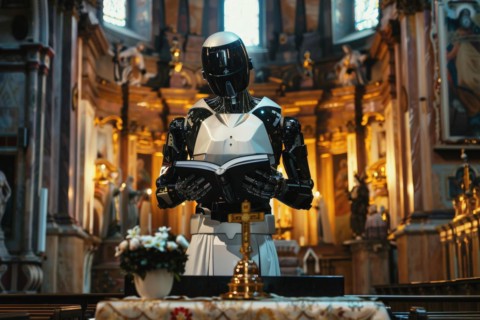 Humanoid with female attributes preaches on behalf of a human priest, female priest, at an altar in