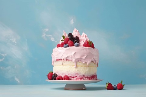 Layered cream cake with pink frosting and berry fruit mix on cake stand in front of blue background