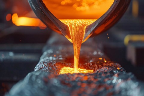 Close up of molten metal being poured into mold. KI generiert, generiert, AI generated