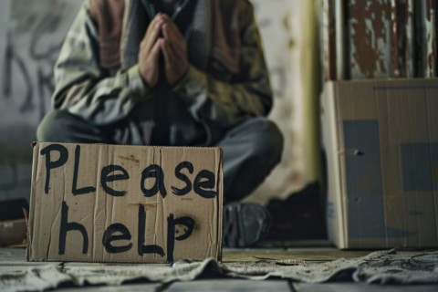 Cardboard sign with text 'Please help' and homeless beggar in background. KI generiert, generiert,