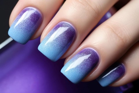 Close up of woman's fingernails with blue and purple ombre design nail art. KI generiert, generiert