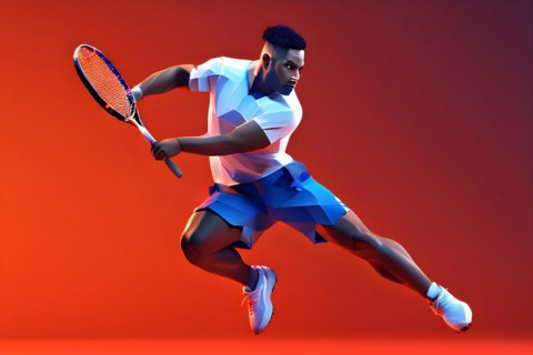 Abstract digital render of an olympic badminton player morphing into fluid shapes of french