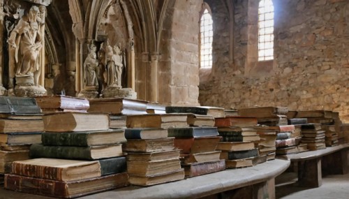 Lots of old books in a dilapidated monastery, antiquarian bookshop, AI-generated, AI-generated, AI