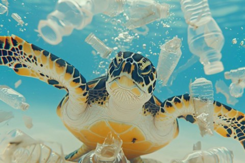 A sea turtle, hawksbill turtle dives among plastic waste, symbolic image for endangered species,