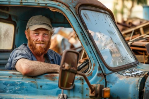 A red-haired man with a full beard, a scrap dealer in work clothes sits behind the wheel of his