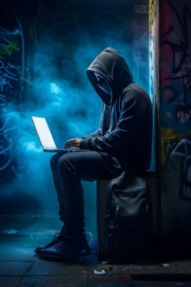 AI generated hooded man clutching a laptop symbolizing cyber criminality