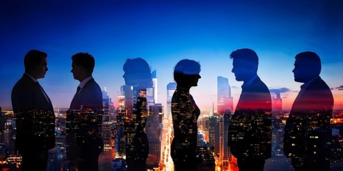 AI generated profile of business professionals with a double exposure of city lights, representing