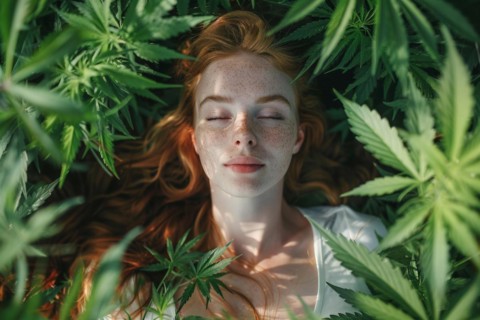 Top view, portrait, young woman lying relaxed in a hemp field, surrounded by hemp leaves, cannabis,