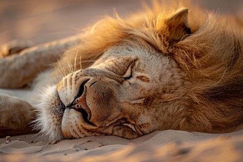 Male lion sleeping on desert sand ground. Generative AI, AI generated