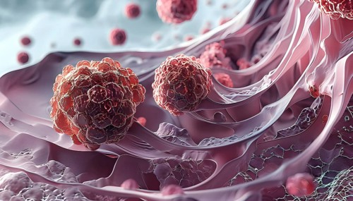 Three dimensional render of metastasis of cancerous tumor, AI generated