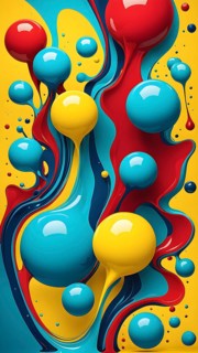 Abstract image with vibrant blue and red blobs and liquid shapes on a yellow background, AI