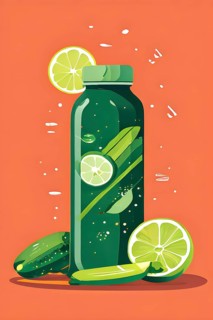 Abstract wallpaper composition with bottle of delicious green detox juice and fruits and