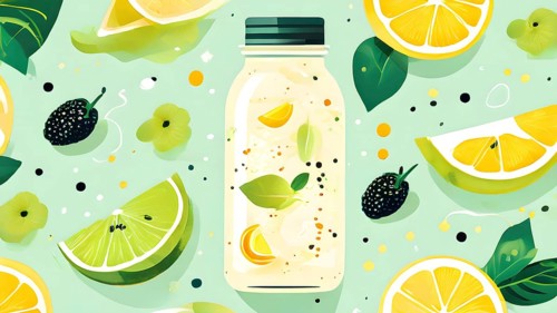 Abstract wallpaper of smoothie surrounded by an assortment of fruits and vegetables, AI generated