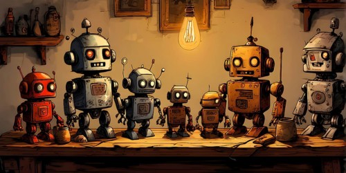 Team of robots styled as vintage toys poised atop an antique wooden table, AI generated
