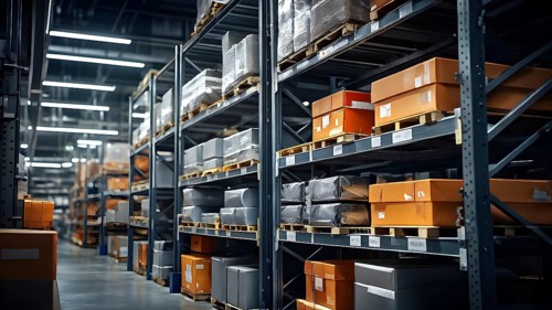 Modern automatized high rack warehouse interior with pallets and boxes, AI generated