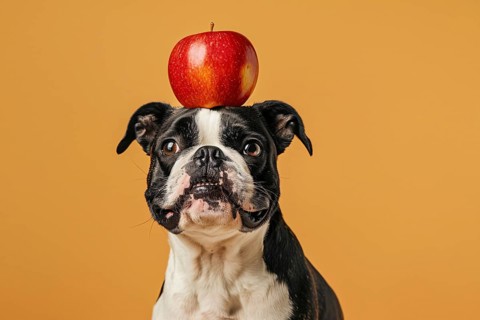 Funny dog with apple fruit on head in front of studio background. Generative AI, AI generated