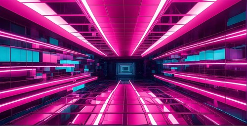 Abstract geometric pattern tunnel structure embodying data streams and communication in magenta