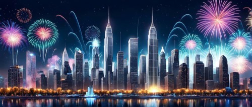 Wallpaper illustration of a cityscape on New Year's Eve, with glowing skyscrapers and floating