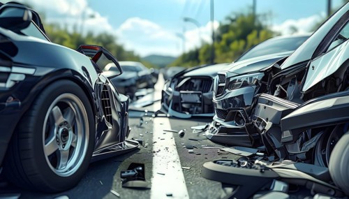 Close-up of car wrecks after a road accident, AI generated