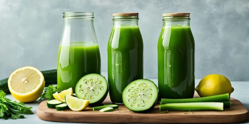 Bottle of vibrant green detox juice surrounded by green fruit and vegetables, AI generated