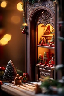 Traditional advent calendar door opening, showing a tiny festive scene inside with miniature